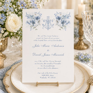 Convite Casamento Religioso Floral Azul Católico Maria