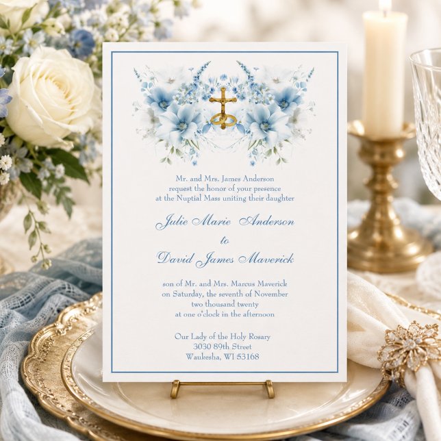 Convite Casamento Religioso Floral Azul Clássico Católico (Criador carregado)