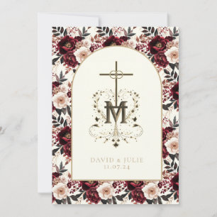 Convite Casamento Religioso Floral de Blush Vermelho Escur