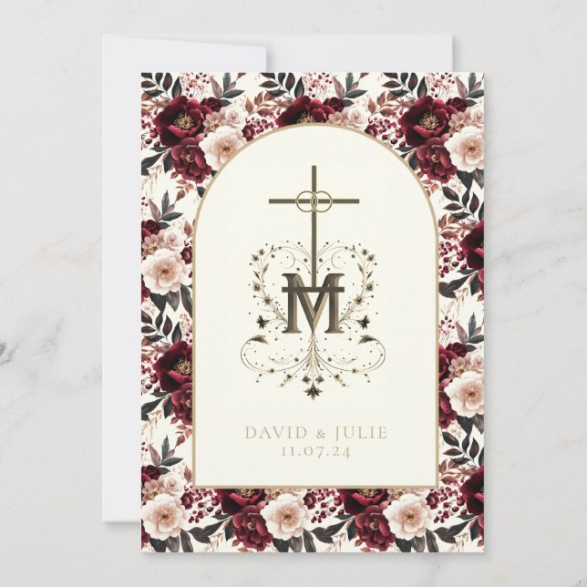 Convite Casamento Religioso Floral de Blush Vermelho Escur (Verso)