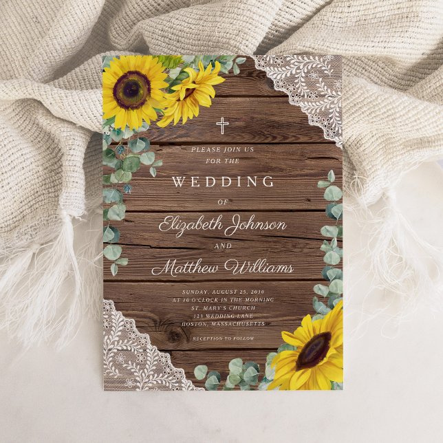 Convite Casamento Religioso Rústico de Girassóis com Renda (Religious Rustic Sunflower Lace Barn Wedding Invitation)