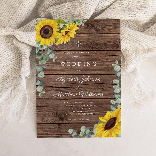 Convite Casamento Religioso Rústico Floral de Girassóis em (Religious Rustic Sunflower Floral Barn Wedding Invitation)