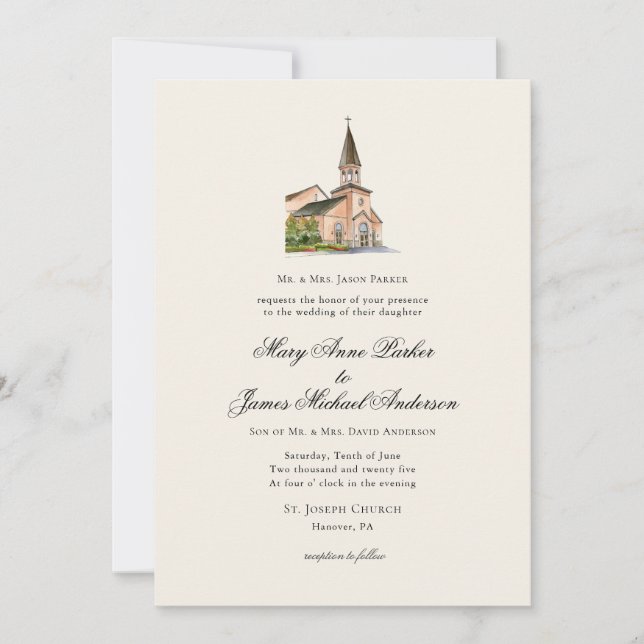 Convite Casamento Religioso Vintage Igreja Ecru (Frente)