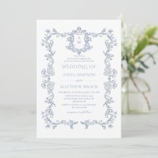 Convite Casamento Requintado Azul Empoeirado Francês
