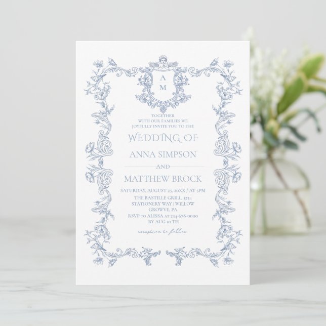 Convite Casamento Requintado Azul Empoeirado Francês  (Em pé/Frente)
