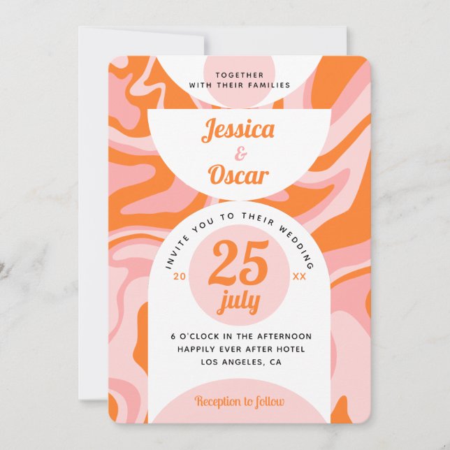 Convite Casamento Retro 70 Líquido Swirl Boho Rosa Laranja (Frente)