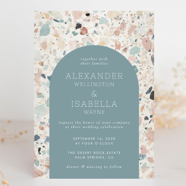 Convite Casamento Retro-Arch Terrazzo Pastel Turquoise (Criador carregado)