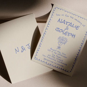 Convite Casamento retrô azul desenhado à mão escrito funky