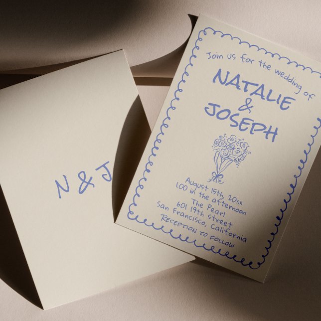 Convite Casamento retrô azul desenhado à mão escrito funky (Criador carregado)