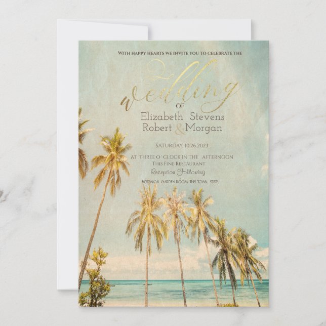 Convite Casamento Retro Beach Palms (Frente)