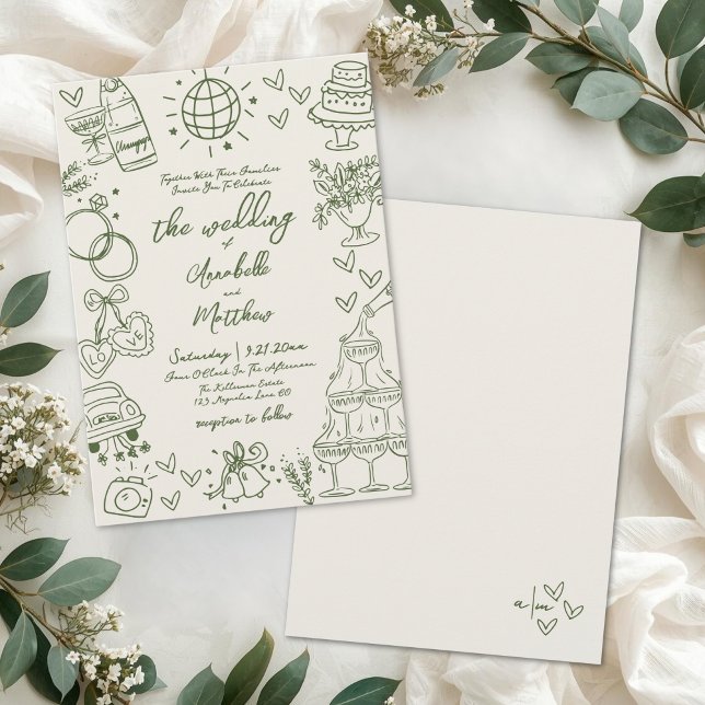 Convite Casamento Retrô Caprichoso Desenhado à Mão (Hand Drawn Whimsical Retro Wedding Invitation)
