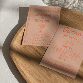 Convite Casamento Retro Coral Manuscrito Excêntrico Tudo E