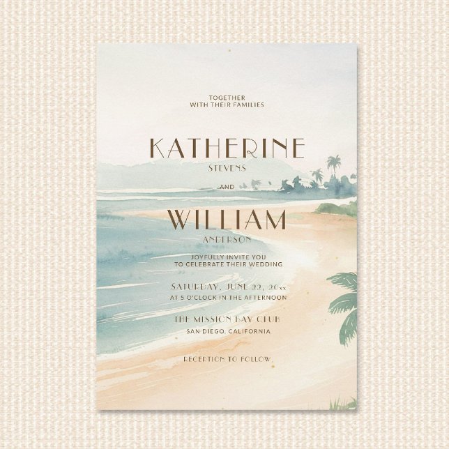 Convite Casamento Retro Deco Oceano Pôr do Sol na Costa (vintage coastal wedding invitation deco warm sunset orange teal mid century retro beach nautical)
