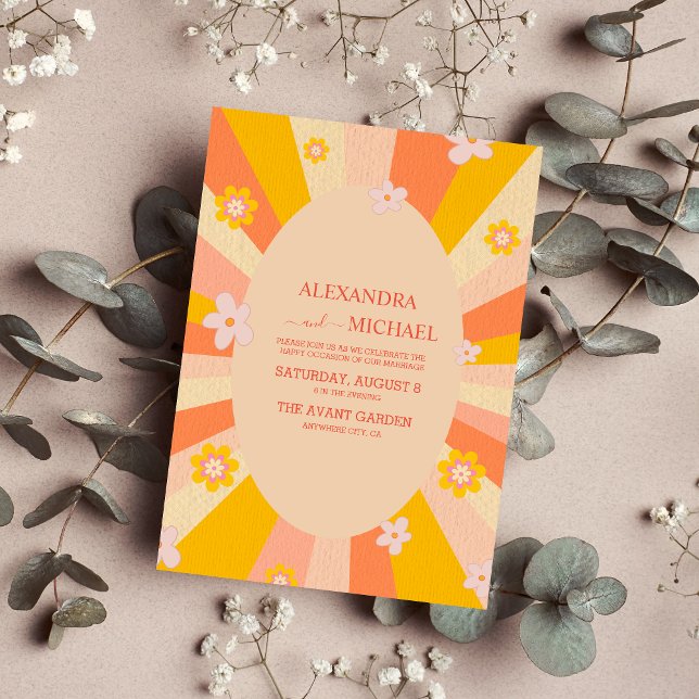 Convite Casamento retrô descolado dos anos 70 laranja e am (Criador carregado)