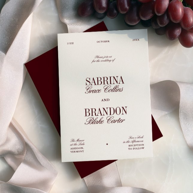 Convite Casamento Retro Elegante Burgundy & Ivory Beige (Retro Elegant Burgundy & Ivory Beige Wedding Invitation)