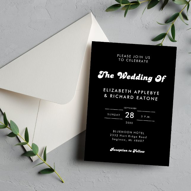 Convite Casamento Retro Elegante Preto e Branco (Retro black and white wedding invitation brings a timeless, stylish feel to your big day.)