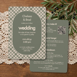 Convite Casamento Retro em Xadrez Verde Sage Tudo-em-Um