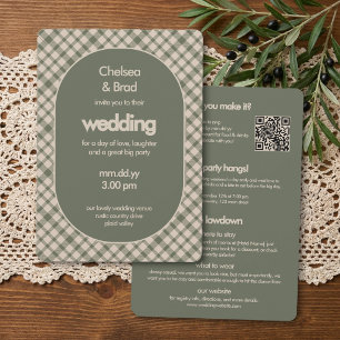 Convite Casamento Retro em Xadrez Verde Sage Tudo-em-Um