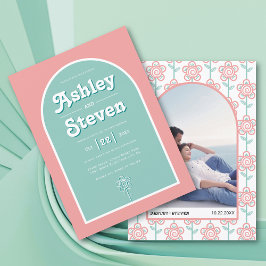 Convite Casamento retrô groovy pêssego e aqua inspirado no