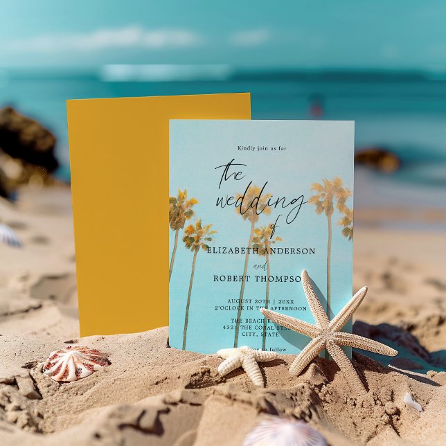 Convite Casamento Retrô na Praia Tropical com Palmeiras (Criador carregado)
