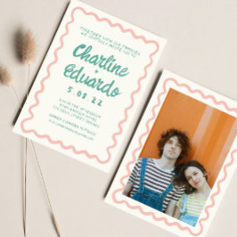 Convite Casamento Retro Rosa e Verde com Escrita Manual