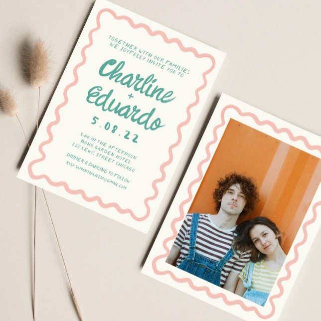 Convite Casamento Retro Rosa e Verde com Escrita Manual (Criador carregado)