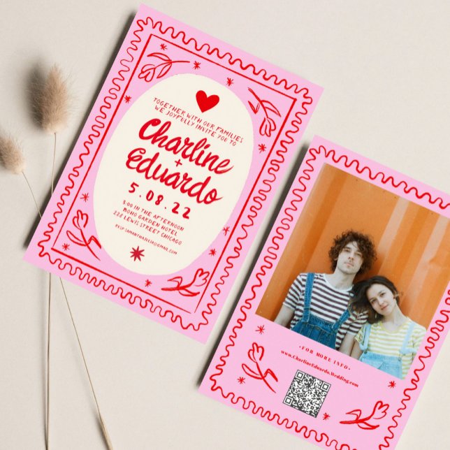 Convite Casamento Retroativo Cinzento-Rosa Desenhado Mão E (Criador carregado)