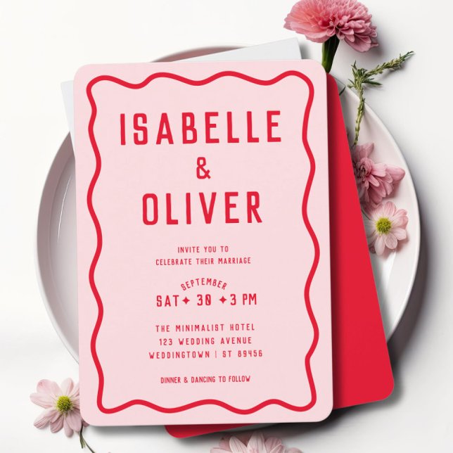 Convite Casamento Retroativo Cinzento Vermelho Cor-de-Rosa (Criador carregado)