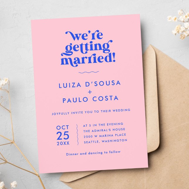 Convite Casamento Retroativo Moderno Rosa e Azul (Criador carregado)