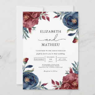 Convite Casamento Rich Burgundy Marinho Floral Garden