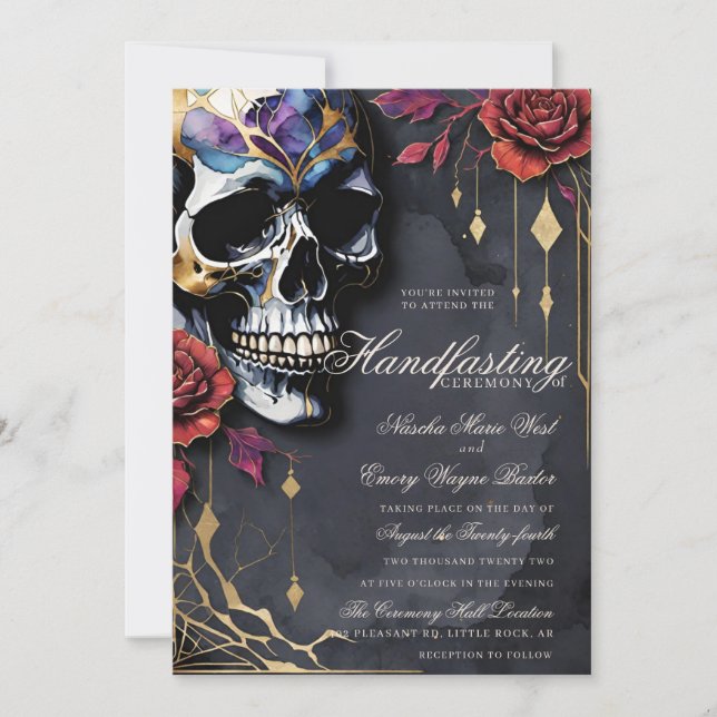 Convite Casamento Ritualizado de Halloween com Caveira Gót (Frente)