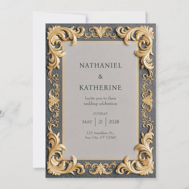 Convite Casamento Rococó em Marfim Dourado (Frente)