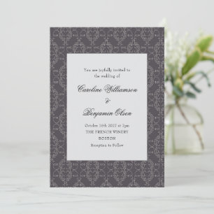 Convite Casamento Rococó Preto Ornate Damask Vintage