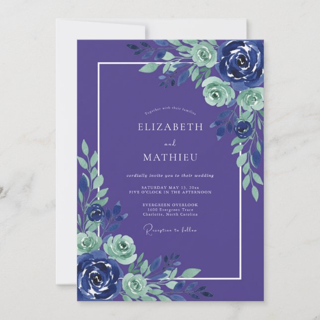 Convite Casamento Romance Botânico Indigo Mint (Frente)