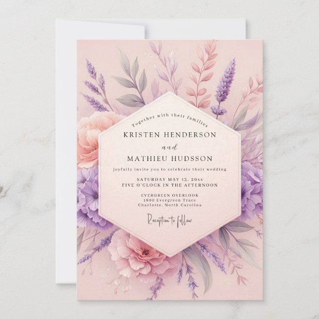 Convite Casamento Romance Botânico Lavanda Rubor (Frente)
