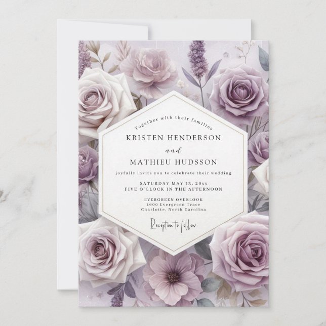 Convite Casamento Romance Botânico Rosa Lavanda (Frente)