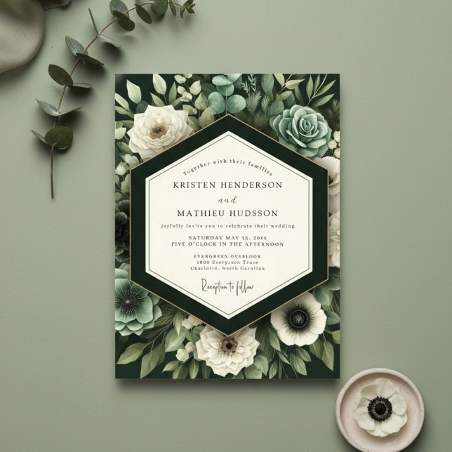 Convite Casamento Romance Botânico Verde Profundo (Criador carregado)
