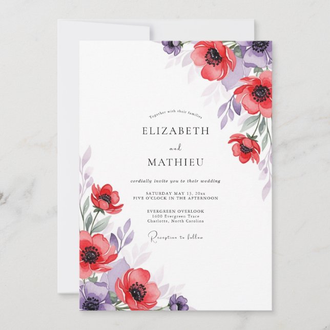 Convite Casamento Romance Botânico Violeta Vermelho (Frente)