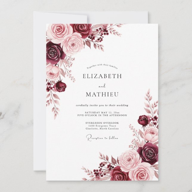 Convite Casamento Romance Burgundy em Flor (Frente)