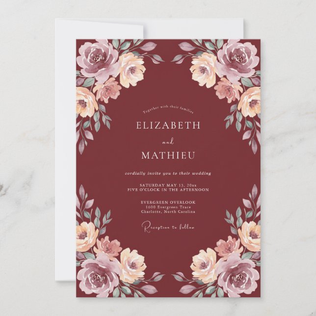 Convite Casamento Romance Burgundy Florescente (Frente)