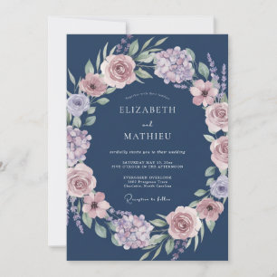 Convite Casamento Romance com Grinalda Floral Azul Marinho