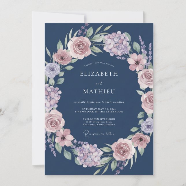 Convite Casamento Romance com Grinalda Floral Azul Marinho (Frente)