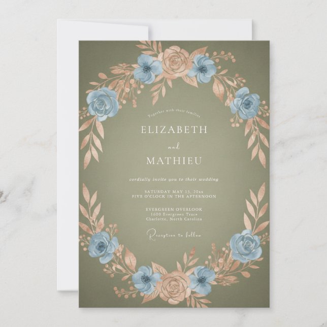 Convite Casamento Romance Coroa de Pêssego Azul (Frente)