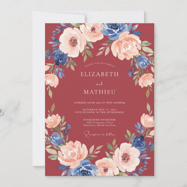 Convite Casamento Romance Coroa Floral Borgonha (Frente)