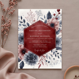 Convite Casamento Romance Crepúsculo Floral Borgonha