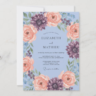 Convite Casamento Romance Dália Azul Empoeirado