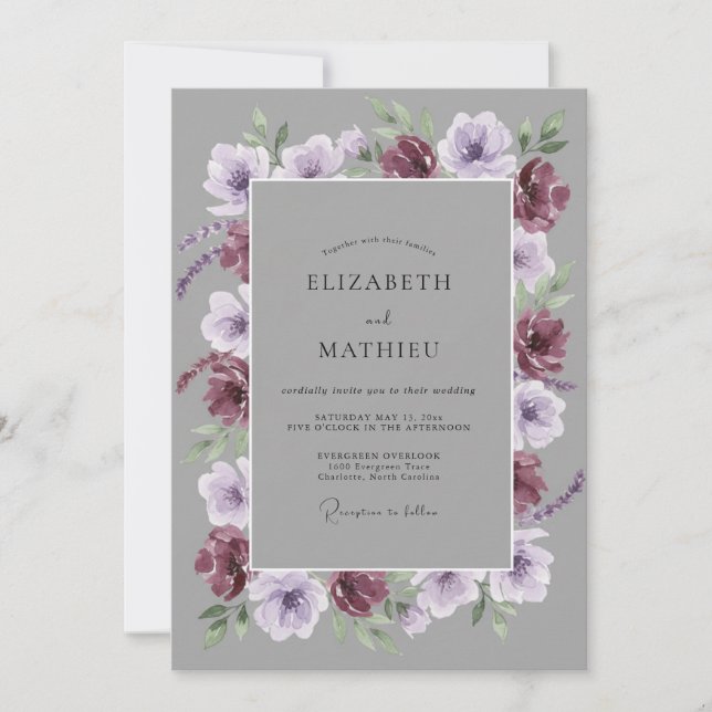 Convite Casamento Romance de Flor de Lilás Borgonha (Frente)