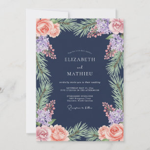 Convite Casamento Romance de Laurél Floral Marinho