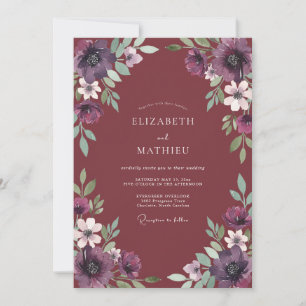 Convite Casamento Romance de Louro Floral Borgonha