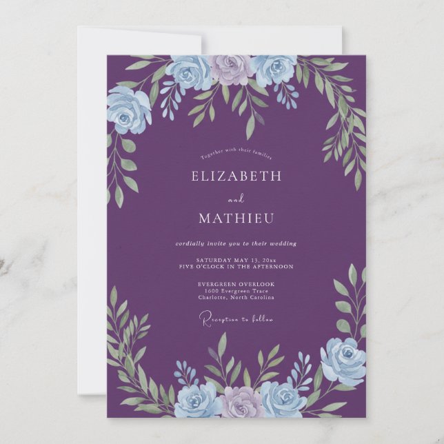 Convite Casamento Romance de Louro Floral Roxo (Frente)